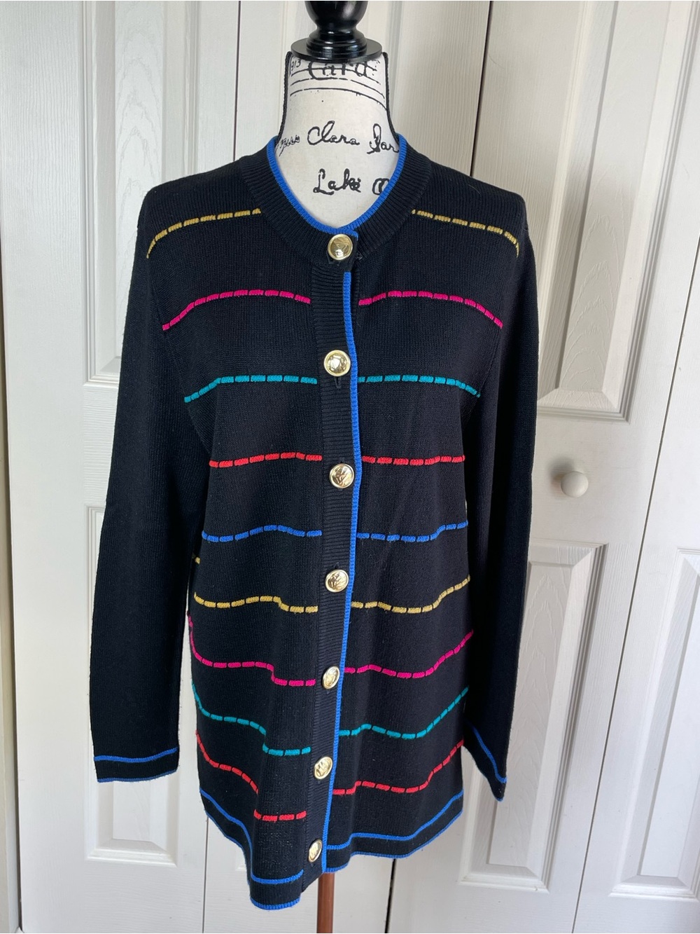 Vintage Ami Knits Womens Cardigan Sweater  Navy Stripes Gold Buttons size 14